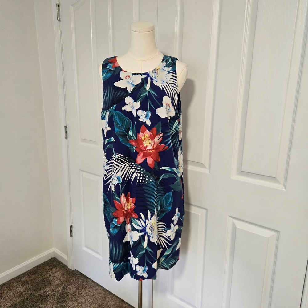 Tommy Bahama Shift Dress Womens Large Navy Blue Silk Tropical Floral Sleeveless